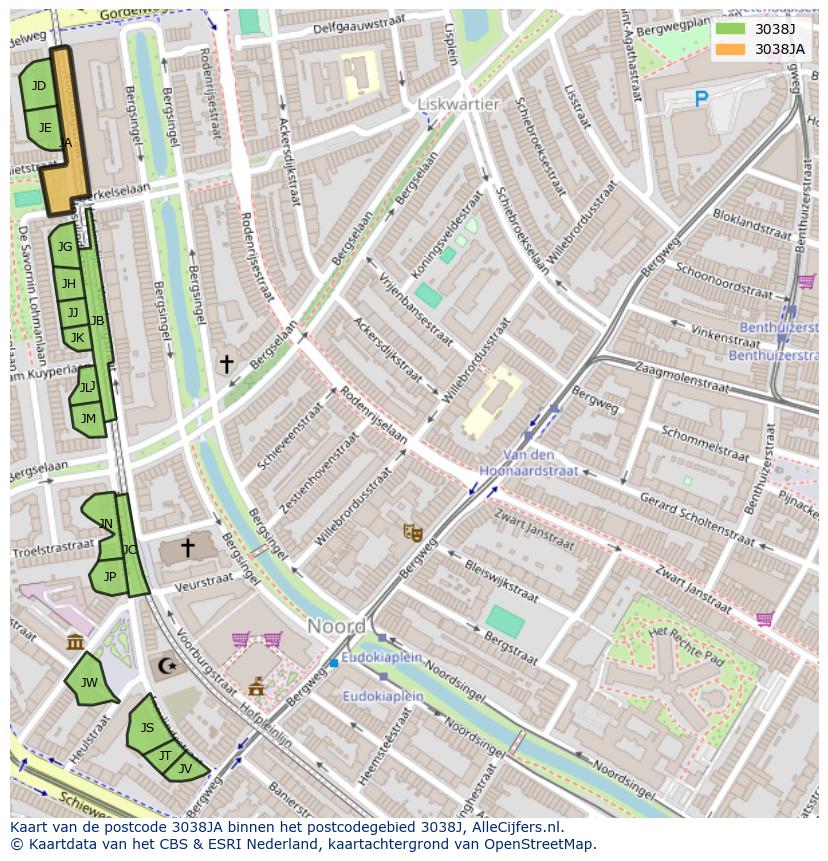 Afbeelding van het postcodegebied 3038 JA op de kaart.