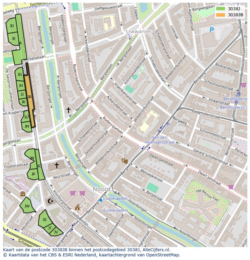Afbeelding van het postcodegebied 3038 JB op de kaart.