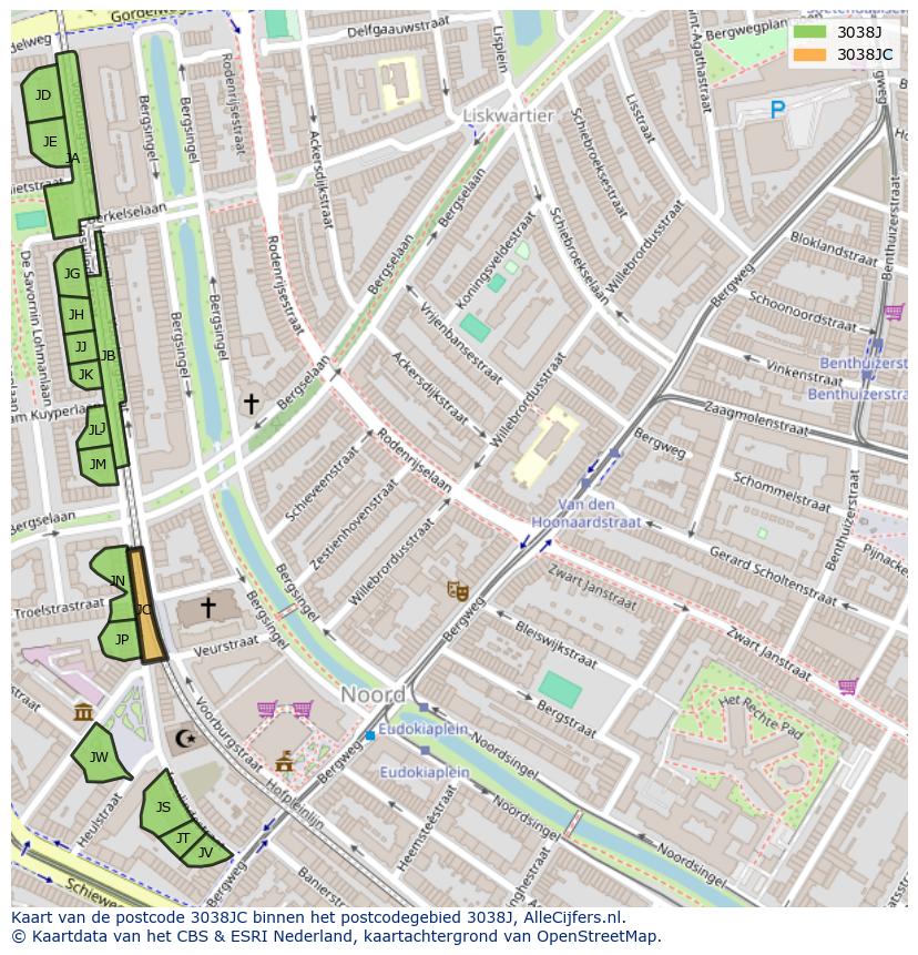 Afbeelding van het postcodegebied 3038 JC op de kaart.
