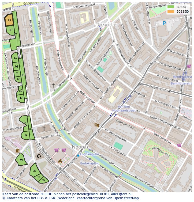 Afbeelding van het postcodegebied 3038 JD op de kaart.