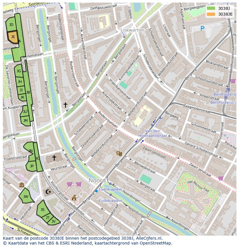 Afbeelding van het postcodegebied 3038 JE op de kaart.