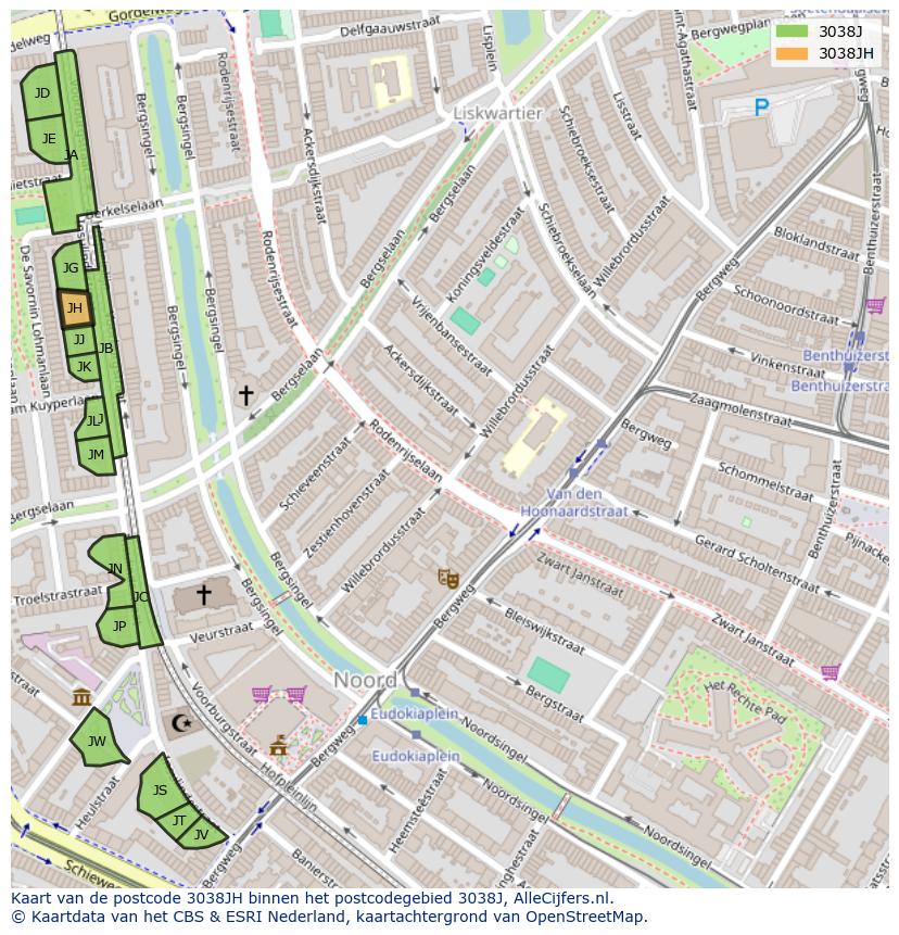 Afbeelding van het postcodegebied 3038 JH op de kaart.