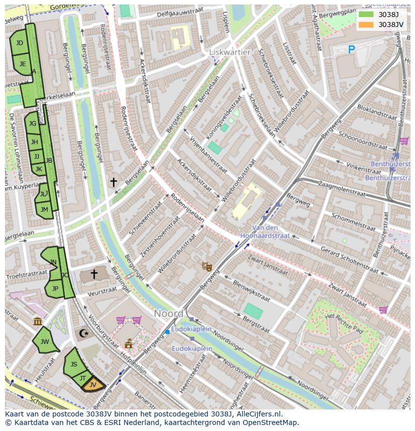 Afbeelding van het postcodegebied 3038 JV op de kaart.
