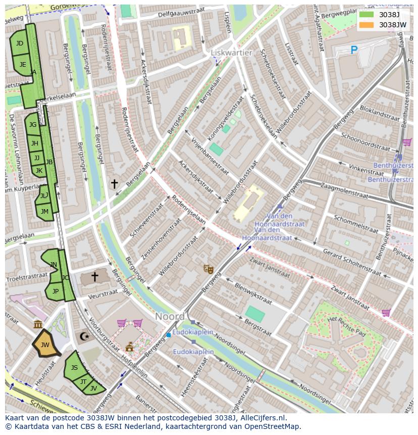Afbeelding van het postcodegebied 3038 JW op de kaart.