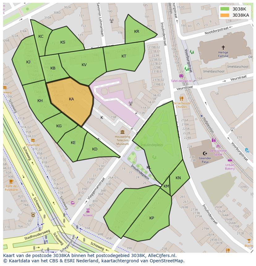 Afbeelding van het postcodegebied 3038 KA op de kaart.