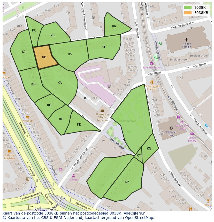 Afbeelding van het postcodegebied 3038 KB op de kaart.