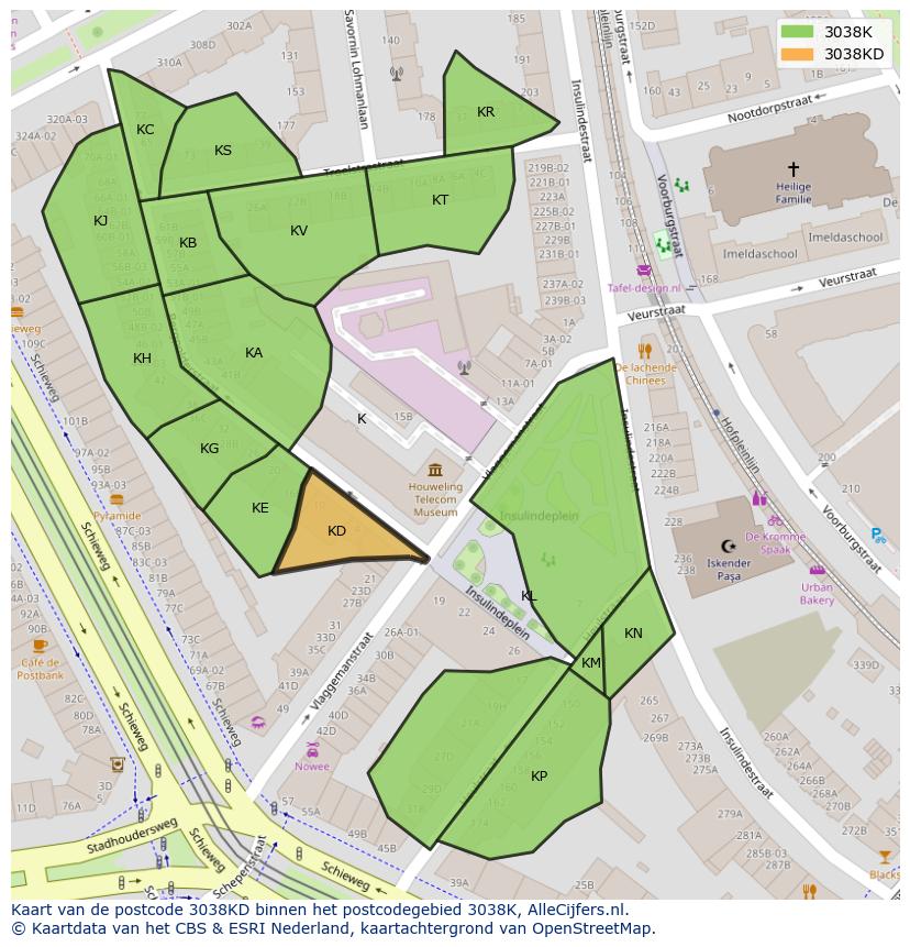 Afbeelding van het postcodegebied 3038 KD op de kaart.