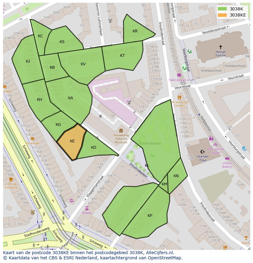Afbeelding van het postcodegebied 3038 KE op de kaart.