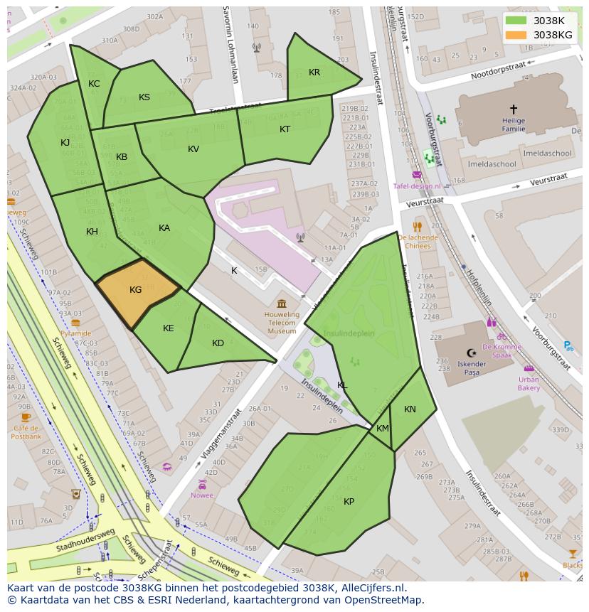 Afbeelding van het postcodegebied 3038 KG op de kaart.