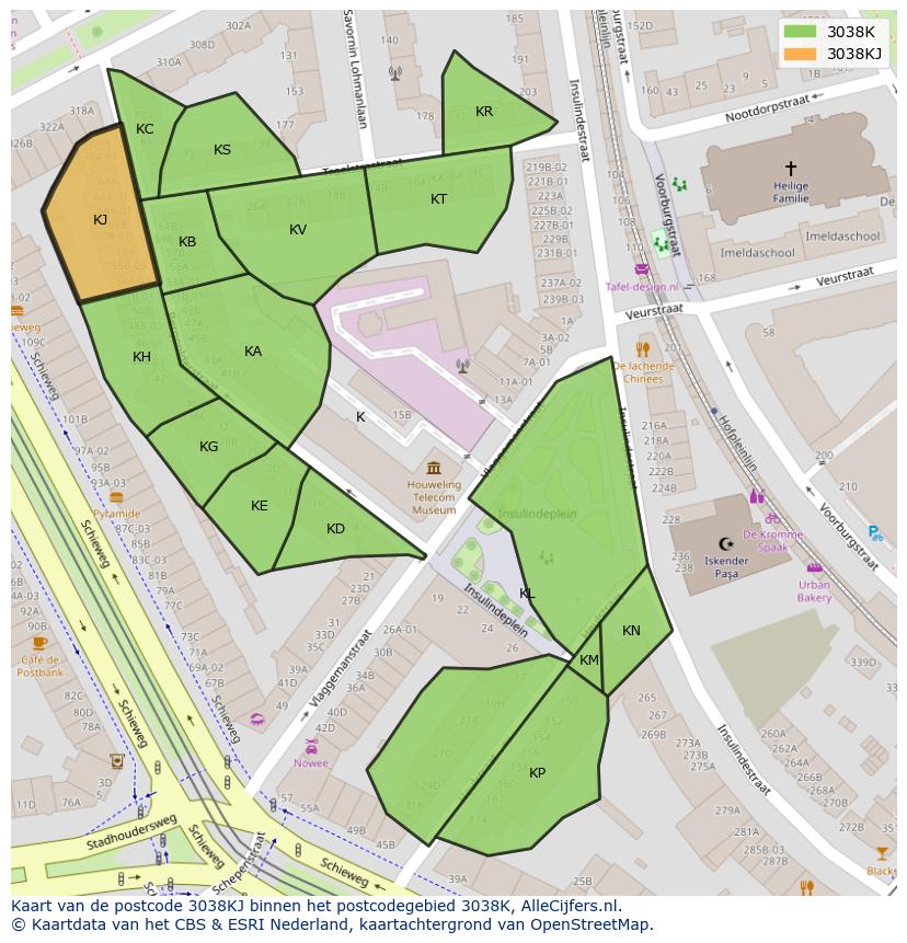 Afbeelding van het postcodegebied 3038 KJ op de kaart.