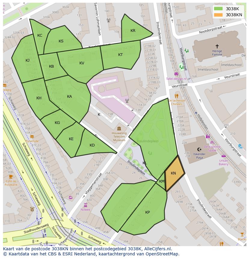 Afbeelding van het postcodegebied 3038 KN op de kaart.