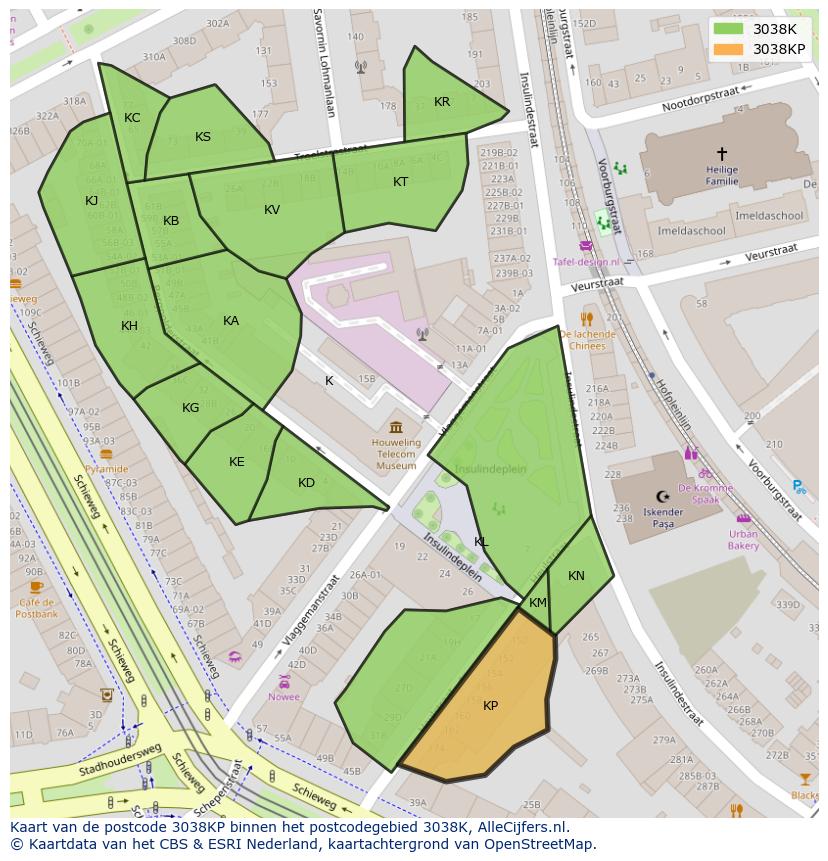 Afbeelding van het postcodegebied 3038 KP op de kaart.
