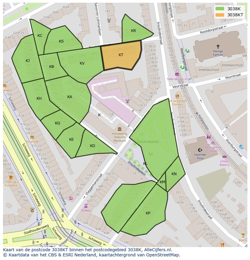 Afbeelding van het postcodegebied 3038 KT op de kaart.