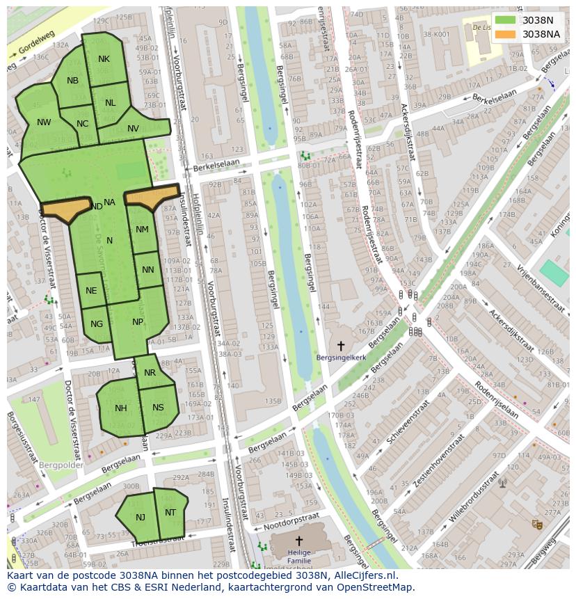 Afbeelding van het postcodegebied 3038 NA op de kaart.