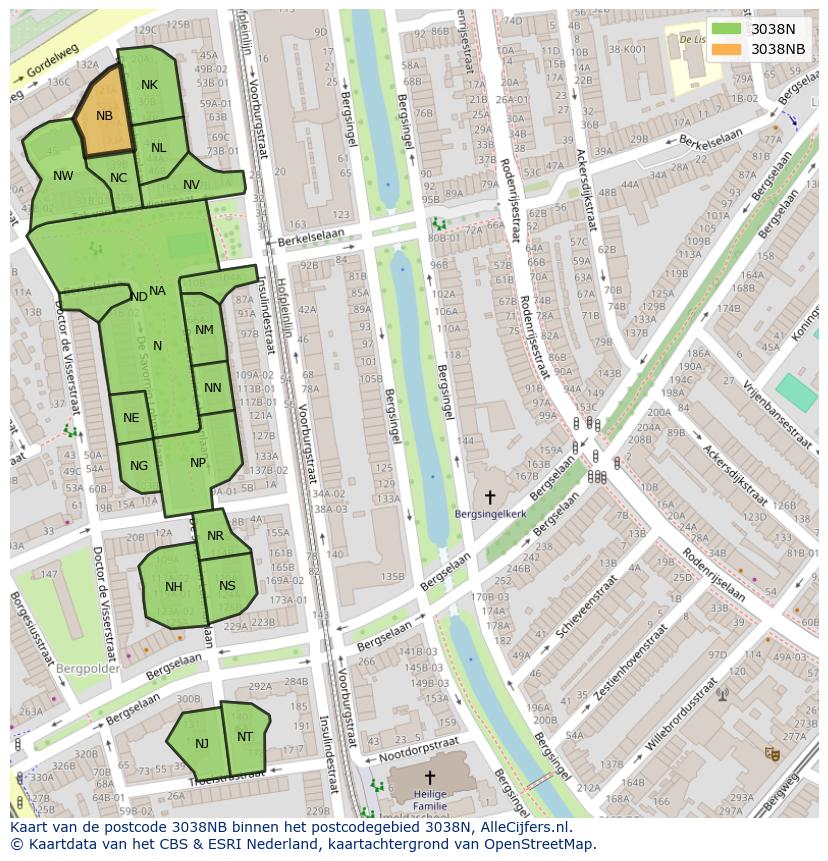 Afbeelding van het postcodegebied 3038 NB op de kaart.