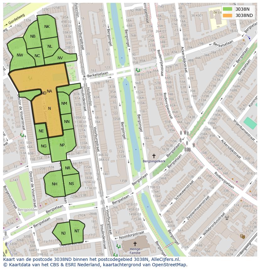 Afbeelding van het postcodegebied 3038 ND op de kaart.