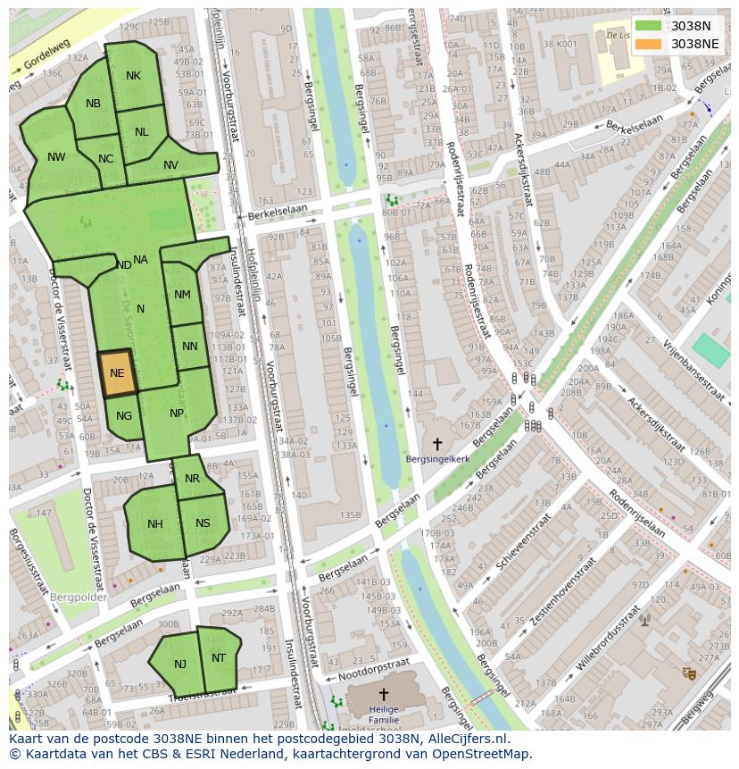 Afbeelding van het postcodegebied 3038 NE op de kaart.