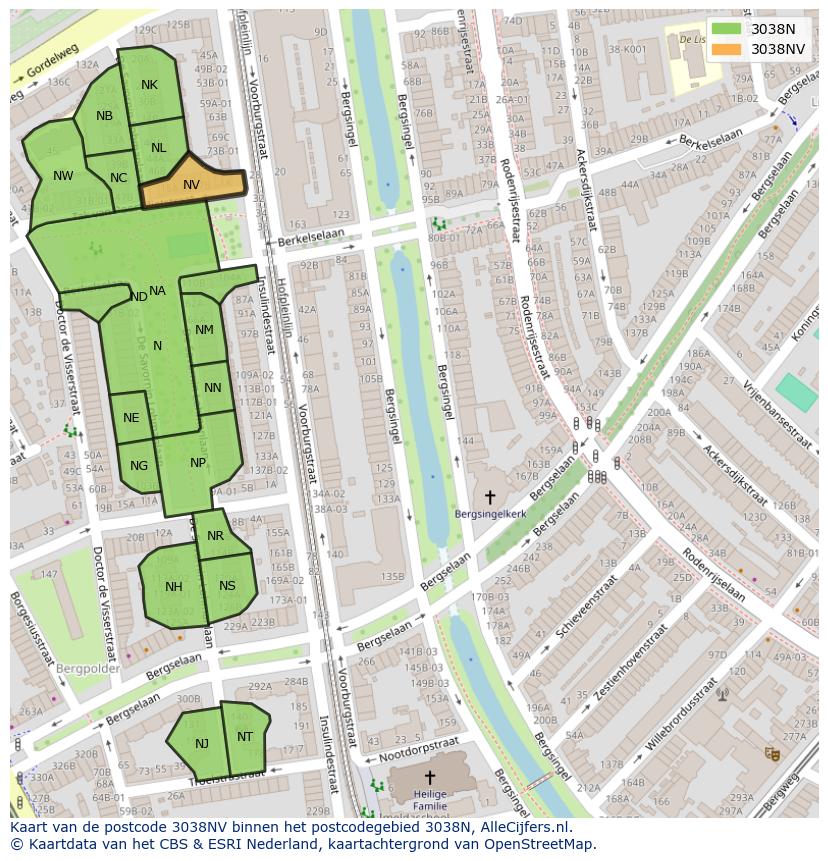 Afbeelding van het postcodegebied 3038 NV op de kaart.