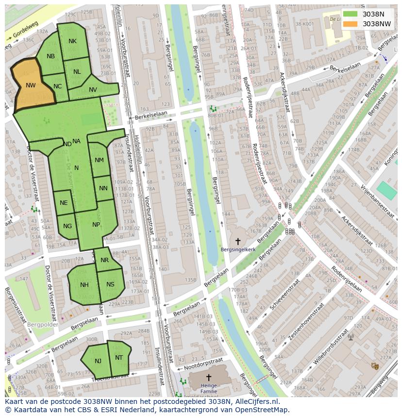 Afbeelding van het postcodegebied 3038 NW op de kaart.