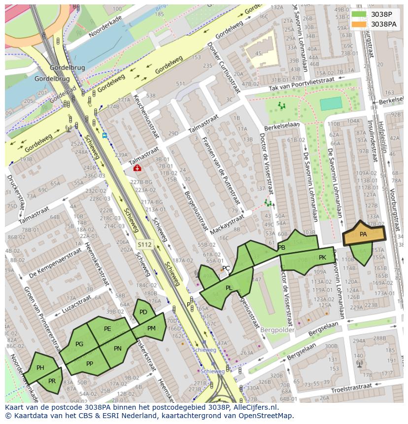 Afbeelding van het postcodegebied 3038 PA op de kaart.