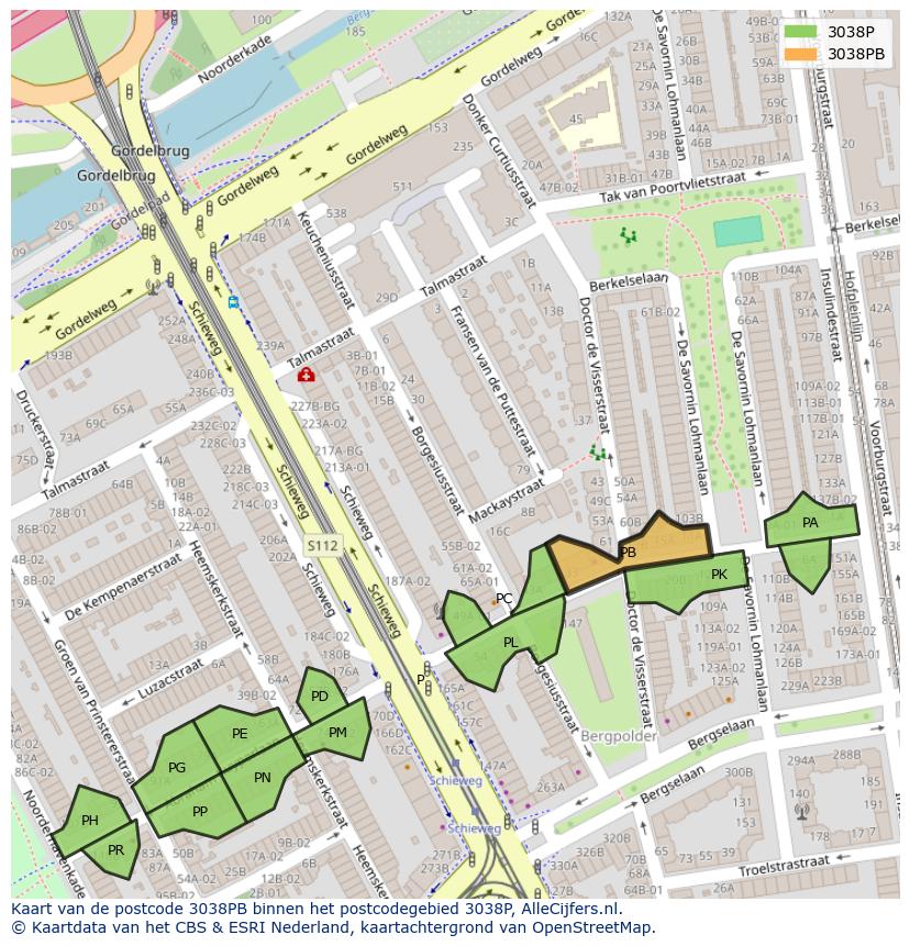 Afbeelding van het postcodegebied 3038 PB op de kaart.