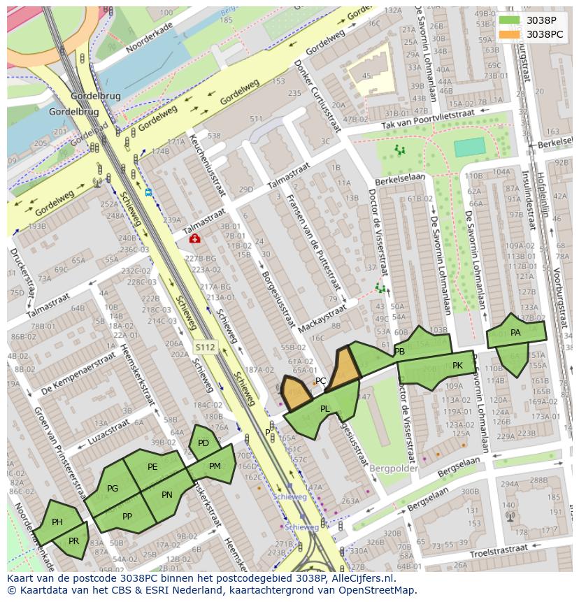 Afbeelding van het postcodegebied 3038 PC op de kaart.
