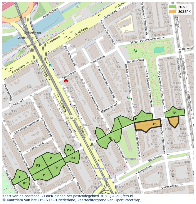 Afbeelding van het postcodegebied 3038 PK op de kaart.