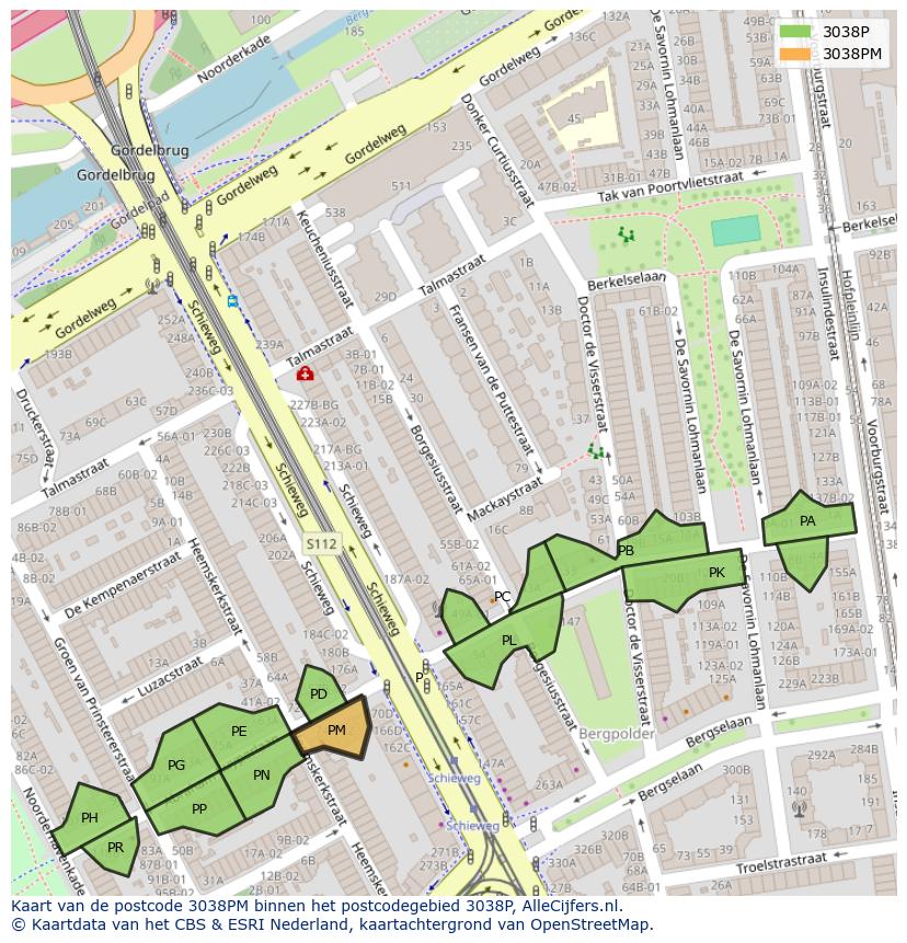 Afbeelding van het postcodegebied 3038 PM op de kaart.