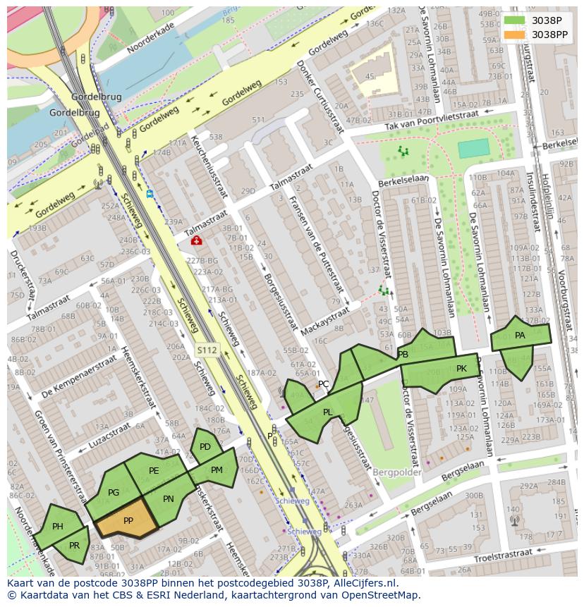 Afbeelding van het postcodegebied 3038 PP op de kaart.