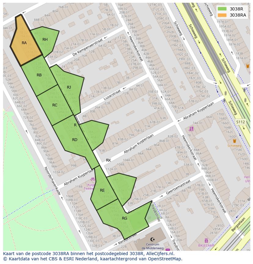 Afbeelding van het postcodegebied 3038 RA op de kaart.
