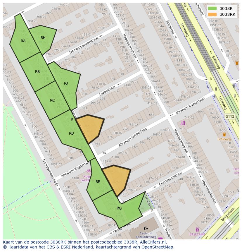 Afbeelding van het postcodegebied 3038 RK op de kaart.