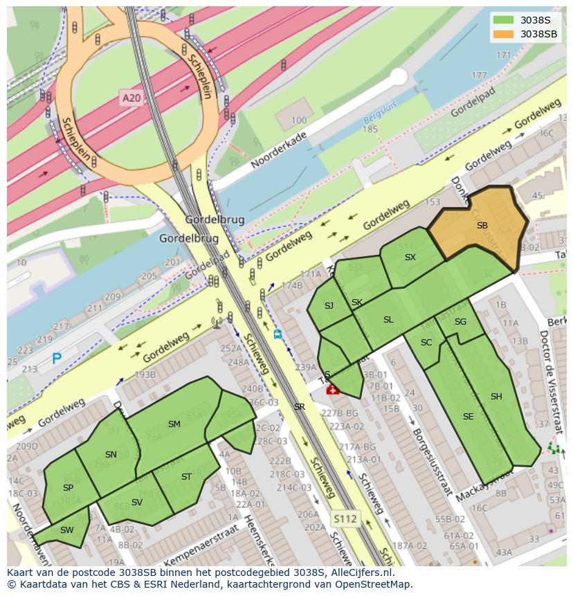 Afbeelding van het postcodegebied 3038 SB op de kaart.