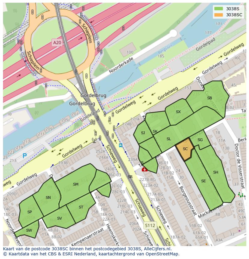 Afbeelding van het postcodegebied 3038 SC op de kaart.