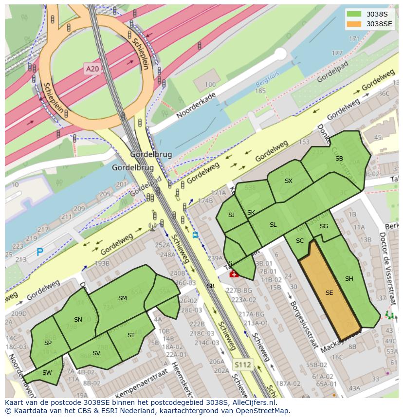 Afbeelding van het postcodegebied 3038 SE op de kaart.