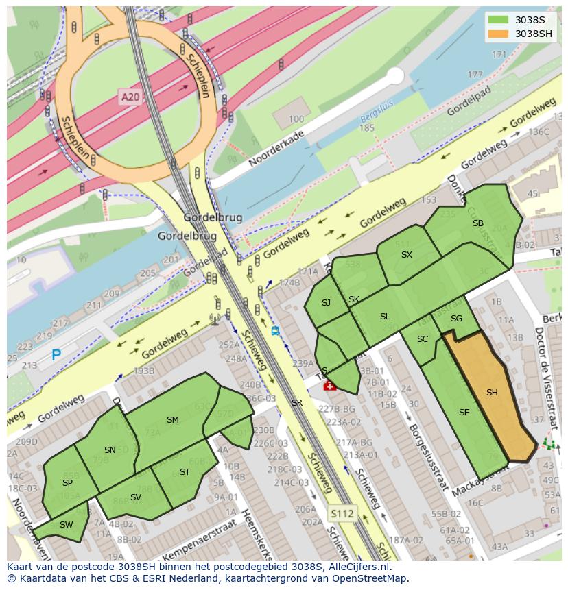 Afbeelding van het postcodegebied 3038 SH op de kaart.