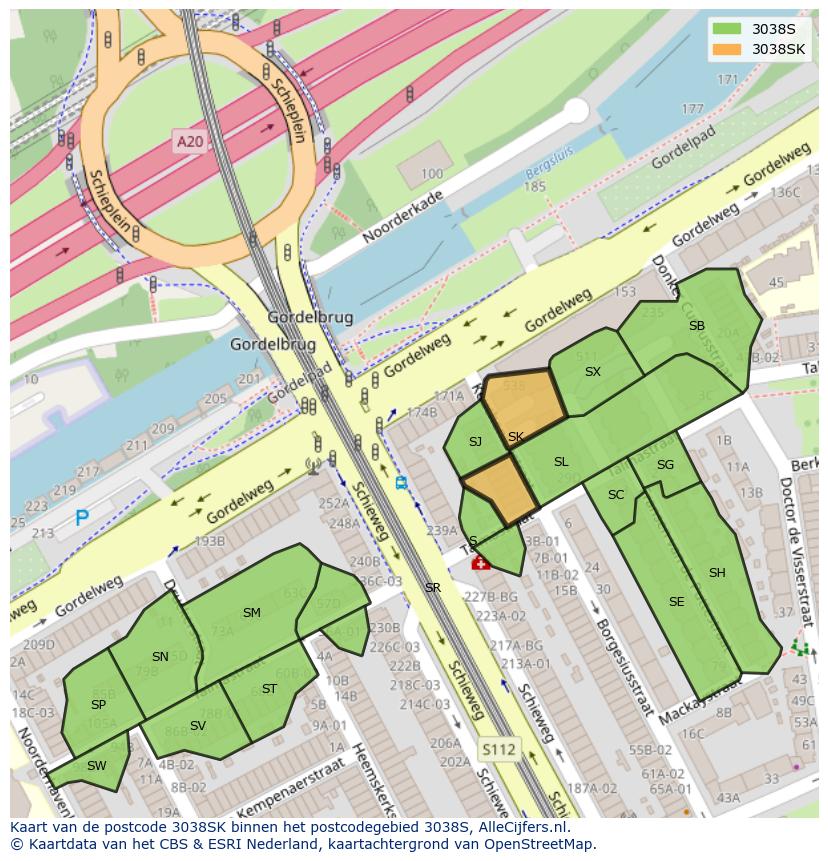 Afbeelding van het postcodegebied 3038 SK op de kaart.