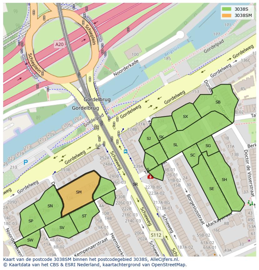 Afbeelding van het postcodegebied 3038 SM op de kaart.
