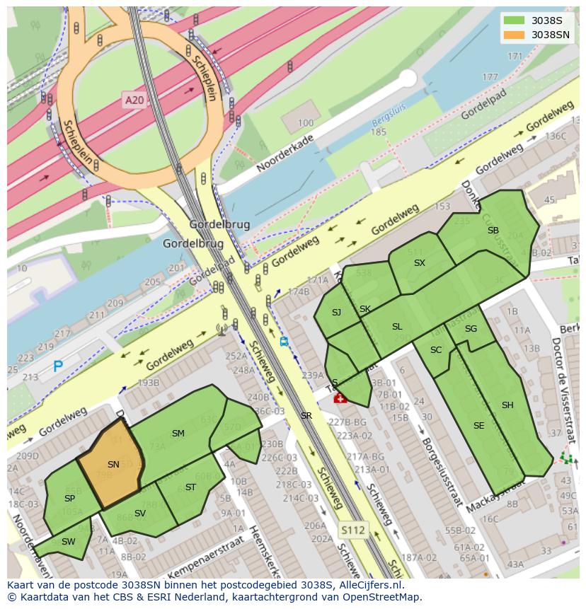 Afbeelding van het postcodegebied 3038 SN op de kaart.