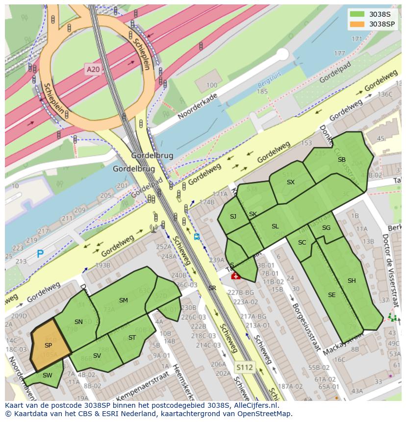 Afbeelding van het postcodegebied 3038 SP op de kaart.
