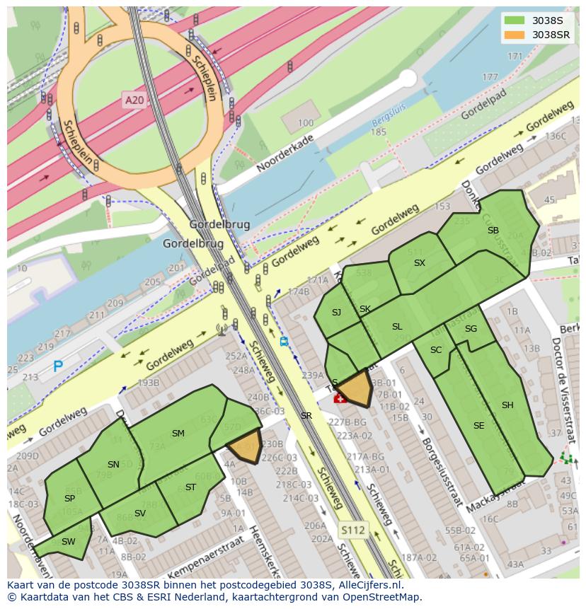 Afbeelding van het postcodegebied 3038 SR op de kaart.
