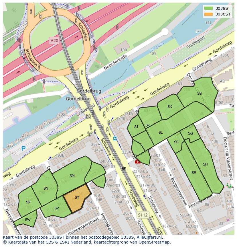 Afbeelding van het postcodegebied 3038 ST op de kaart.