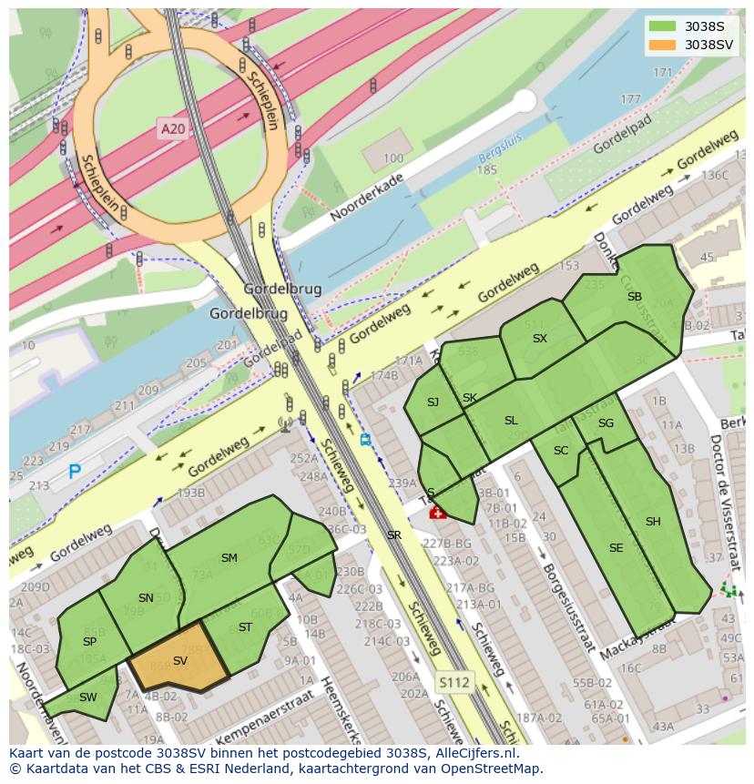 Afbeelding van het postcodegebied 3038 SV op de kaart.