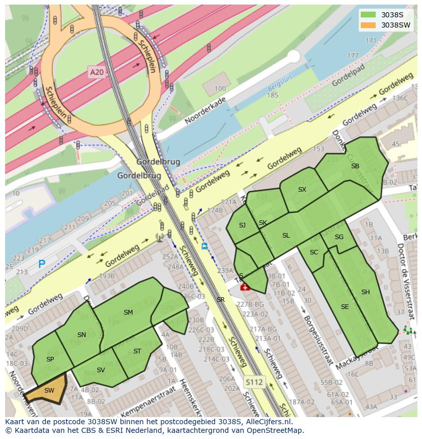 Afbeelding van het postcodegebied 3038 SW op de kaart.