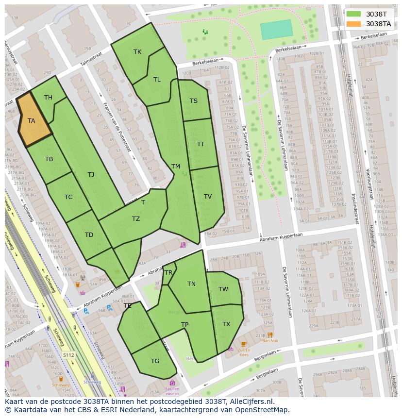 Afbeelding van het postcodegebied 3038 TA op de kaart.