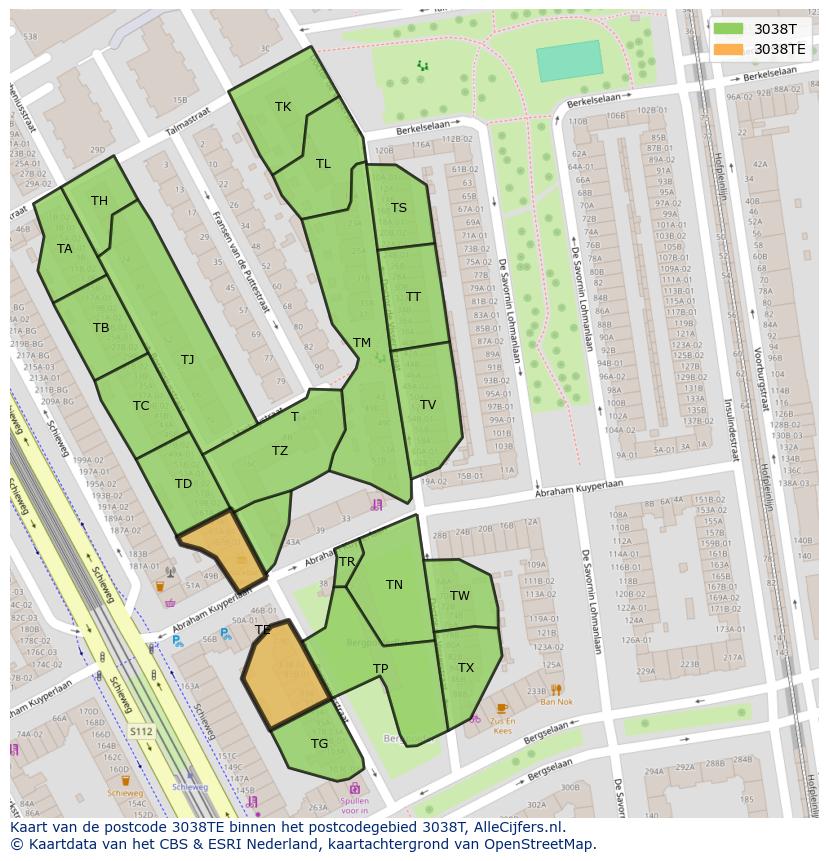 Afbeelding van het postcodegebied 3038 TE op de kaart.