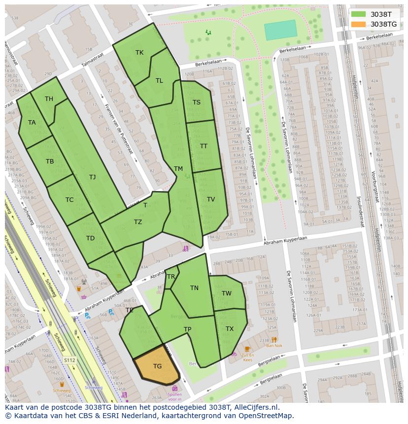 Afbeelding van het postcodegebied 3038 TG op de kaart.