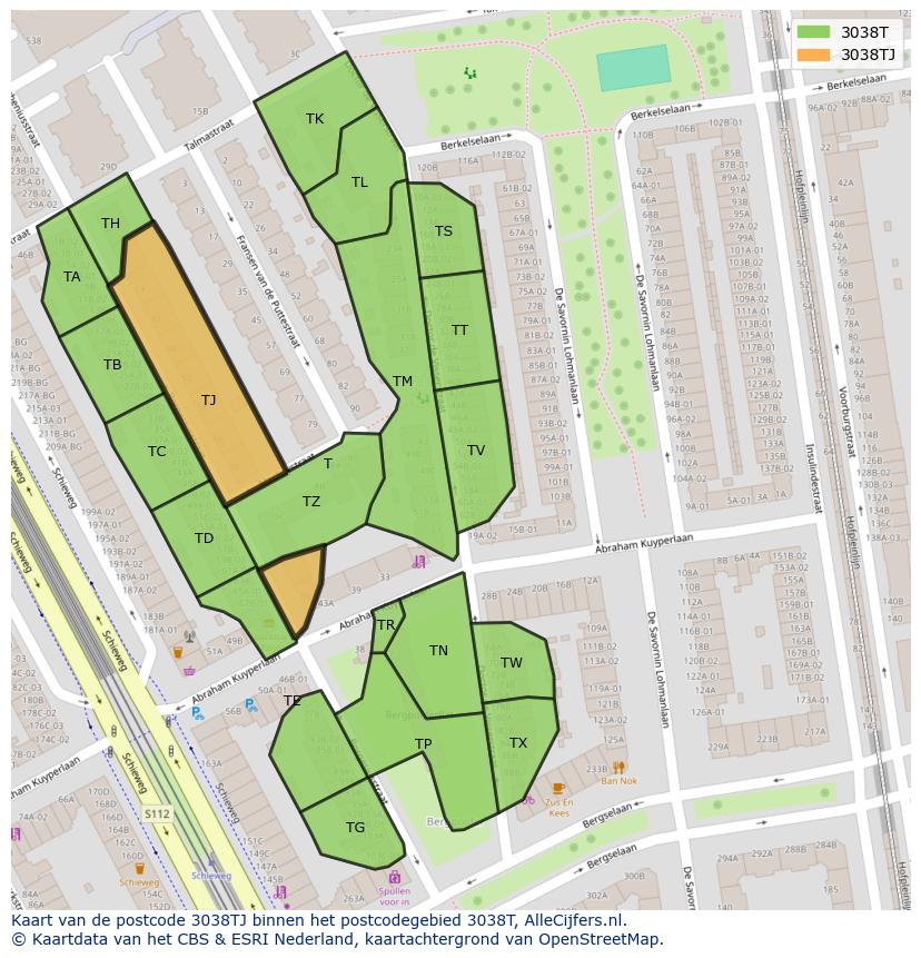 Afbeelding van het postcodegebied 3038 TJ op de kaart.