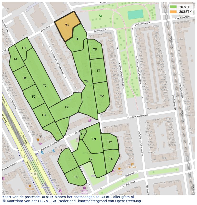 Afbeelding van het postcodegebied 3038 TK op de kaart.
