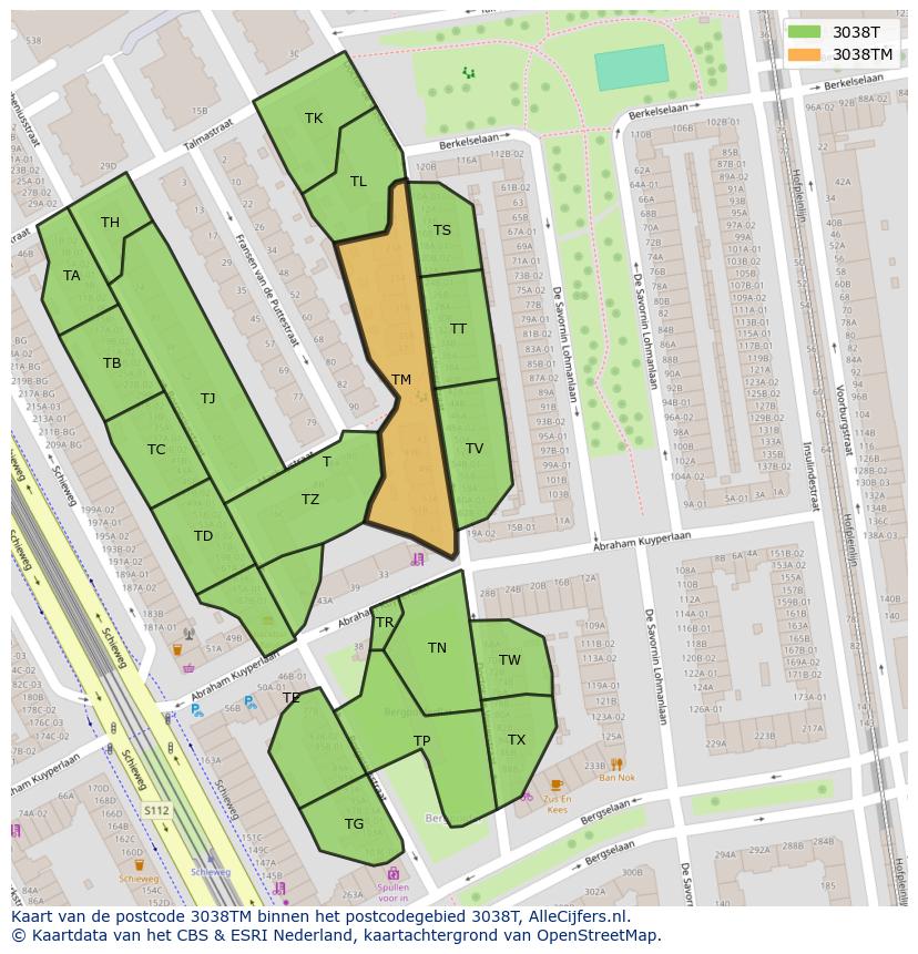 Afbeelding van het postcodegebied 3038 TM op de kaart.