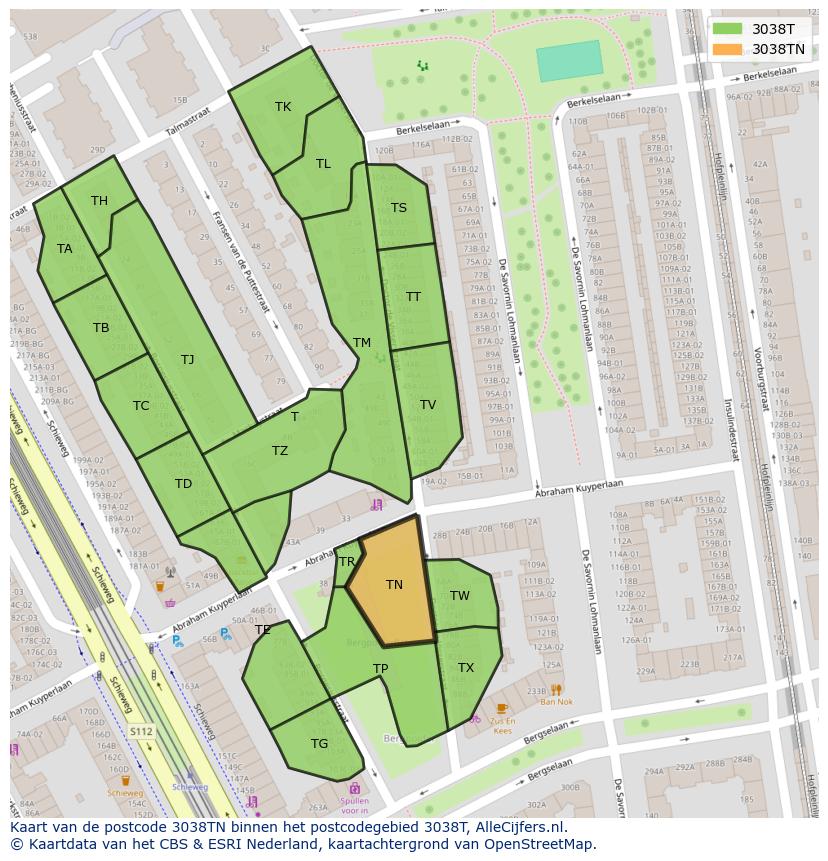 Afbeelding van het postcodegebied 3038 TN op de kaart.